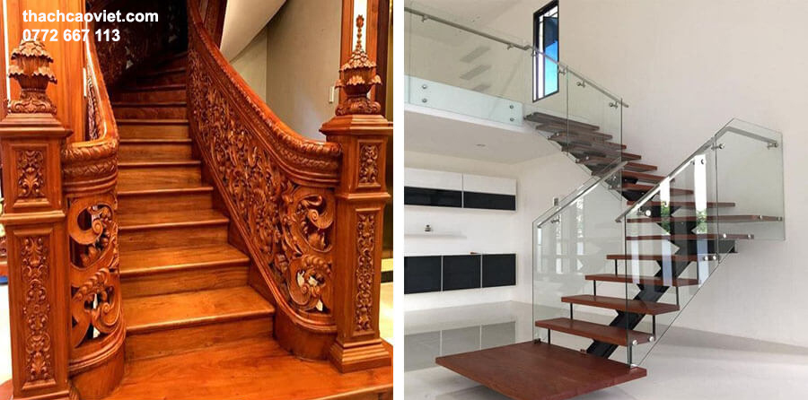 so sánh cầu thang gỗ và cầu thang kính