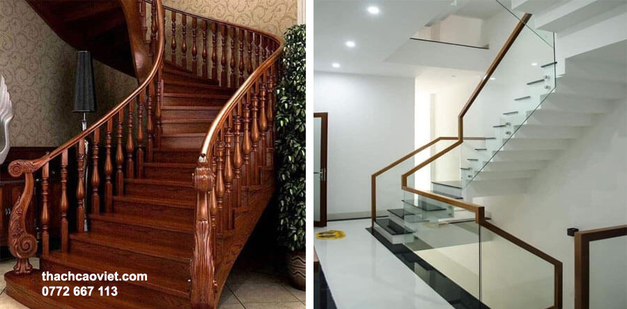 so sánh cầu thang gỗ và cầu thang kính